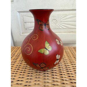 Vintage 90's Fat Belly Ceramic Vase Hand Painted Decoupage Butterflies BOHO